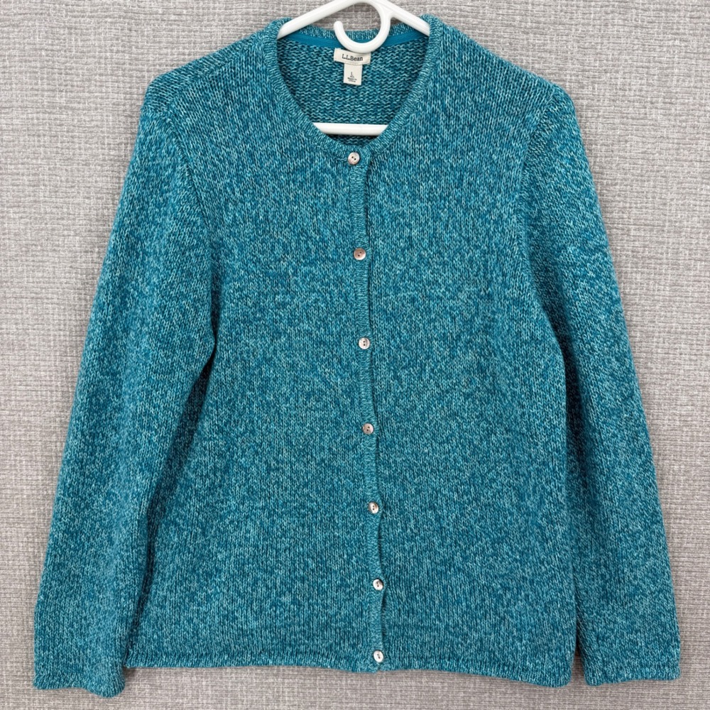 LL Bean Cardigan Sweater Womens L Teal Blue Cotton Knit Button Front